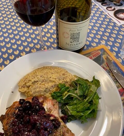 Grilled Pork Chops with White Cheddar Polenta, Swiss Chard with Blueberry Compote