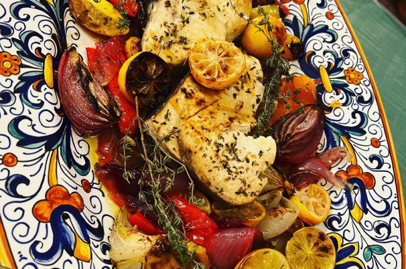 Slow Roasted Swordfish with Onions and Peppers