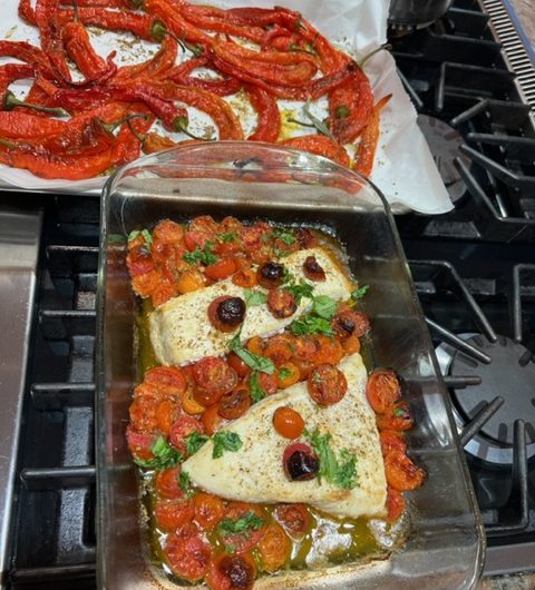 Roasted Halibut with Tomatoes and Chickpeas