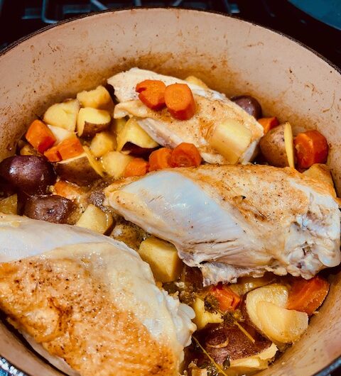 One Pot Braised Chicken with Carrots, Potatoes, Parsnips and Fresh Herbs