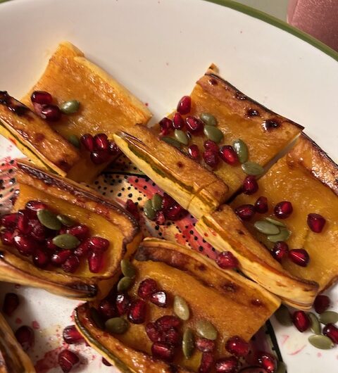 Roasted Delicata Squash with Honey, Pomegranate Seeds, and Pepitas