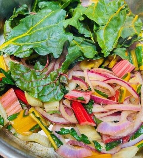 Saute Rainbow Chard with Caramelized Red Onion