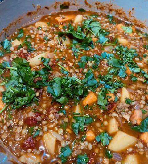 Lentil Stew with Leeks, Potatoes, Sweet Potatoes and Herbs