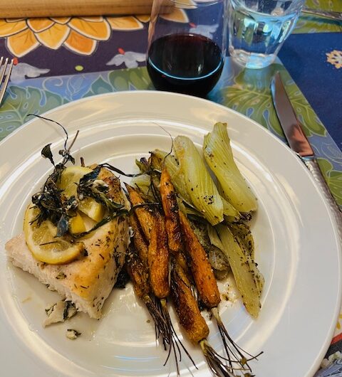 Roasted Swordfish with Roasted Wild Fennel and Carrots