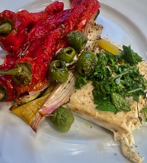 Sheet Pan Roasted Halibut with Sweet Peppers and Olives