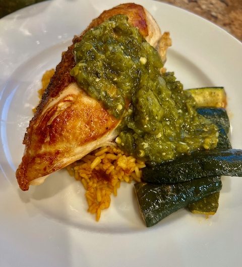 Skillet Chicken and Zucchini with Tomatillo and Poblano Salsa