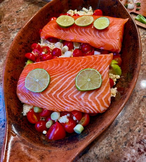 Salmon with Corn, Lime and Tomatoes