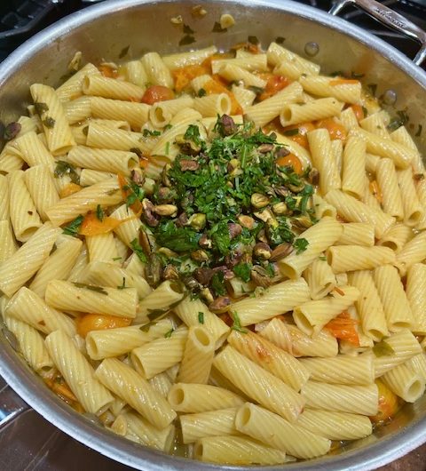 Cherry Tomato Pasta with Pistachio Gremolata