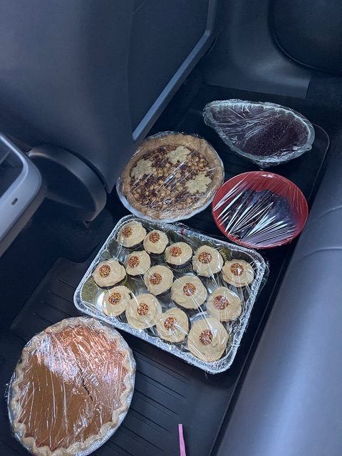 Covered thanksgiving dishes bringing to a party