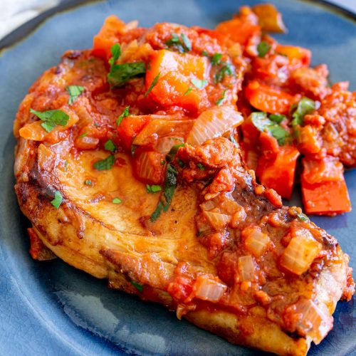 Braised Pork Chops with Tomato, Orange, and Chili