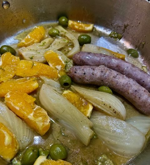 Bratwurst with Fennel, Olives and Oranges