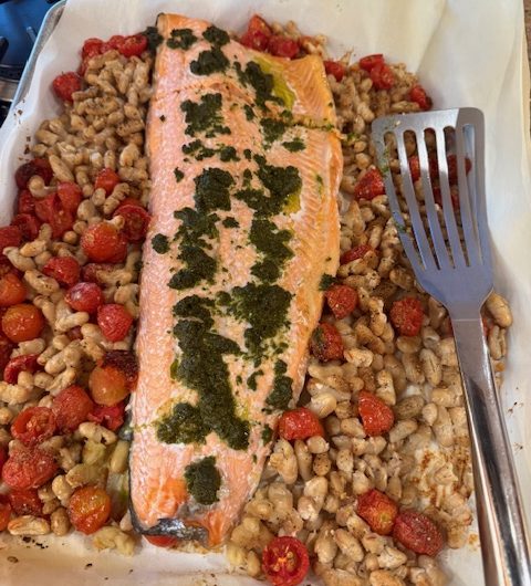 Pesto Roasted Salmon with Tomatoes and White Beans
