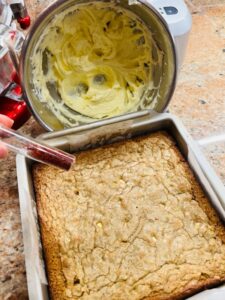 Pistachio Blondies with Saffron Frosting