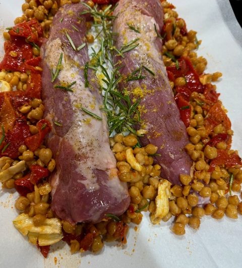 Rosemary, Citrus, Garlic Pork Tenderloin with Red Pepper and Chickpeas