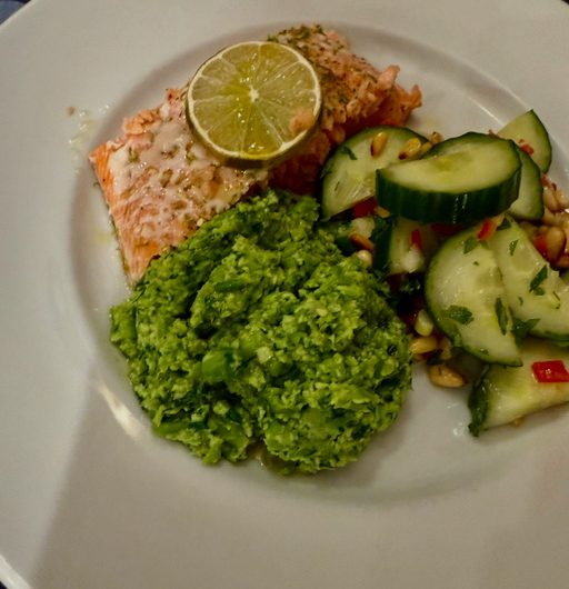 Salmon with Spring Pea puree and Spicy Cucumbers