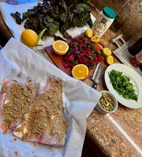 Spiced Tahini Sea Bass with Cilantro and Pistachios