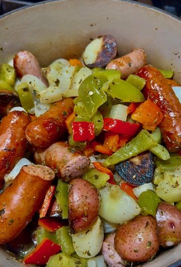 One Pot Sausage, Peppers, Cipollinis, and Potatoes