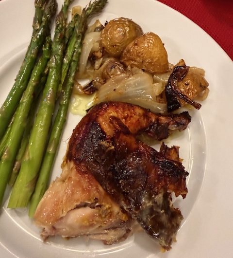 Game Hens with Spiced Yogurt and Sweet Onion-Roasted Potatoes